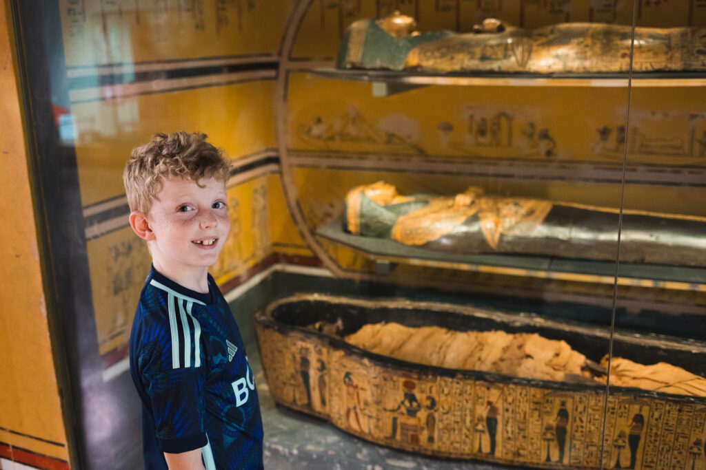 Ellis in front of Nesyamun, Leeds' very own 3000-year-old Egyptian mummy!