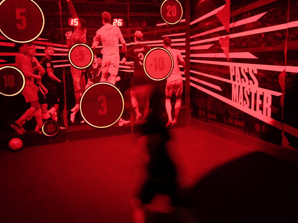 Ellis takes on one of the shooting challenges at the National Football Museum