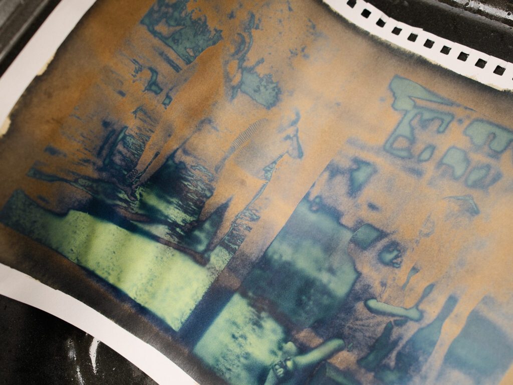 The Cyanotype print has a really whacky effect before you rinse off the chemicals