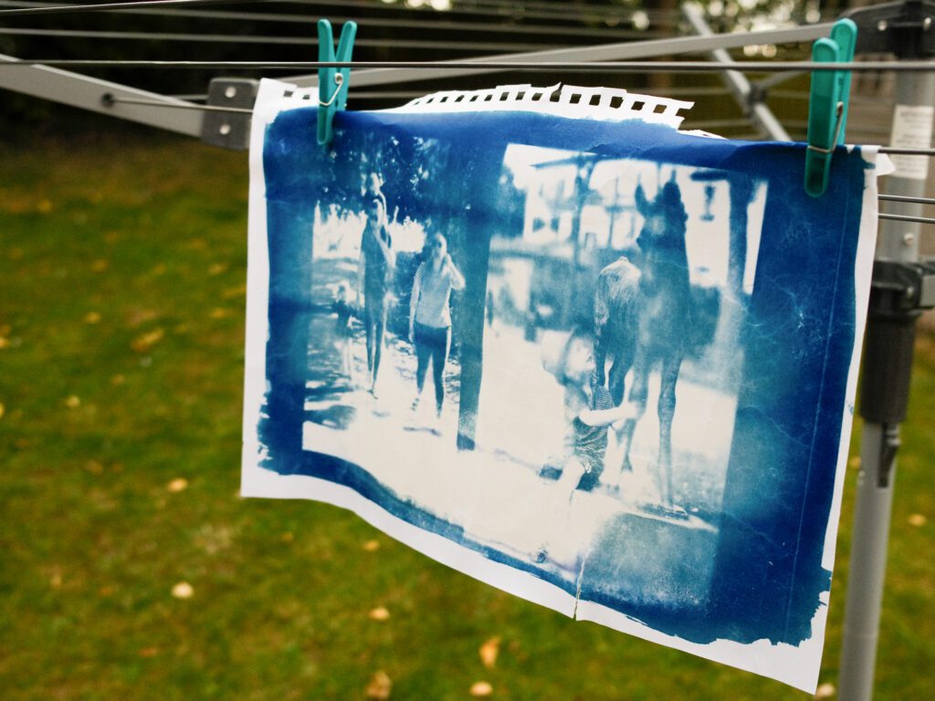 One slightly messy Cyanotype print drying on the washing line